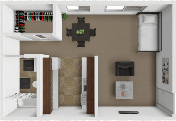 A modern kitchen with brown walls and white appliances.