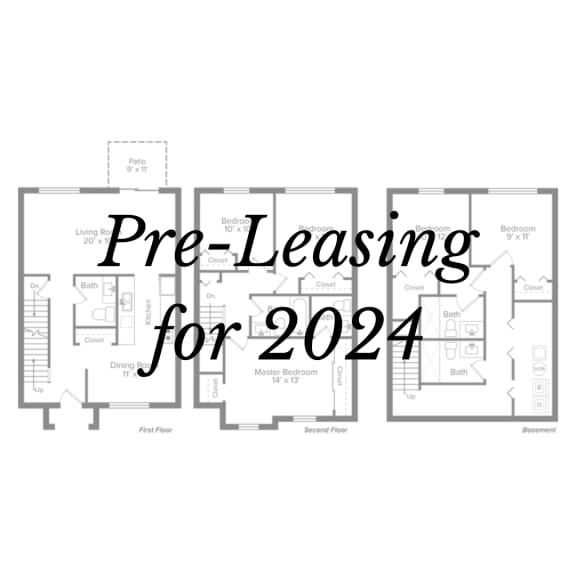 a floor plan of a townhome with the words pre leasing for 2024