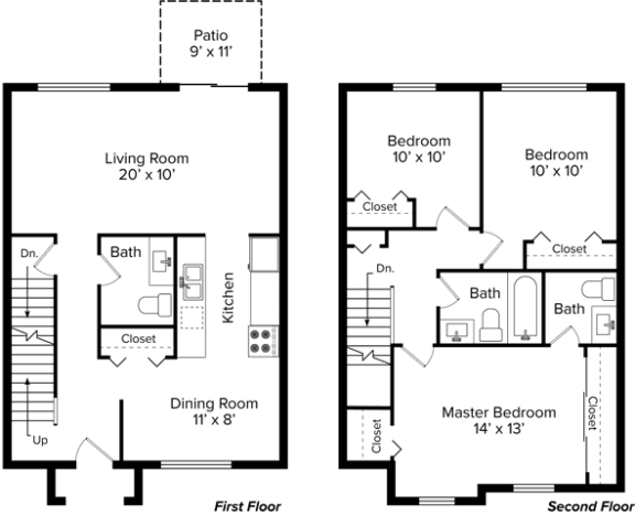 two floor plan of a house with bedrooms and a dining room and a living room