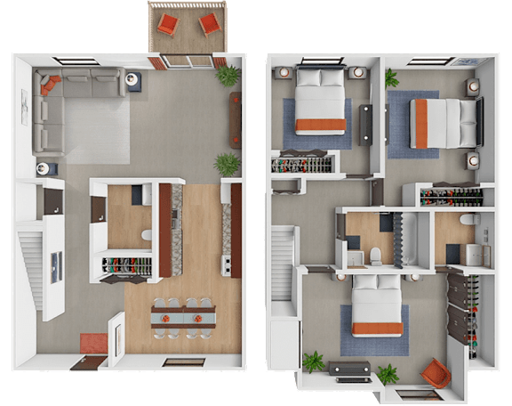 Two floor plans of a townhome with a den, living room, kitchen, and bedrooms.