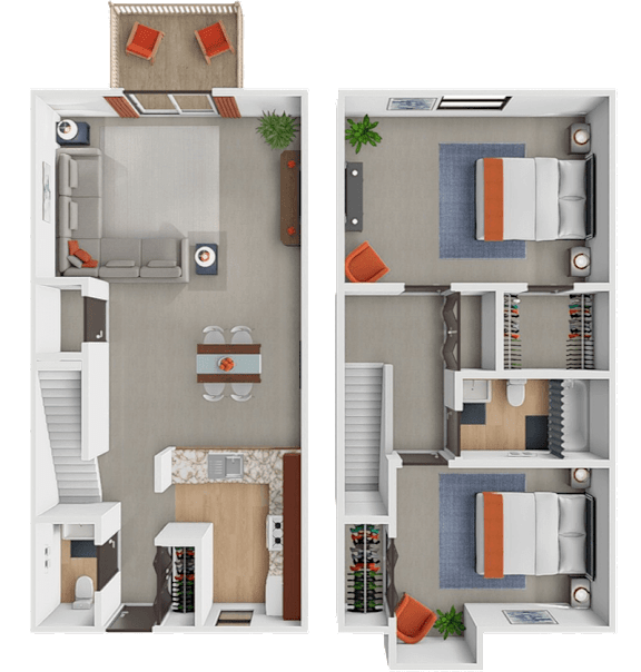A floor plan of a two-bedroom apartment with a living room, kitchen, and bathroom.