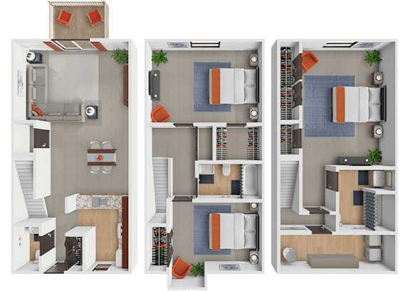 A multistory townhome floor plan with 3 bedrooms.