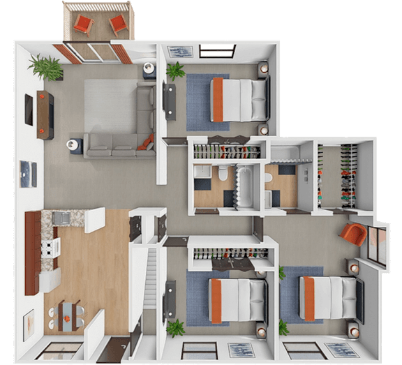 A 3D floor plan of a ranch style apartment with 3 bedrooms and 2 bathrooms, bedrooms rented individually.