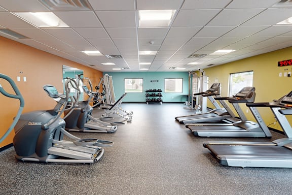 A gym with treadmills and exercise equipment.