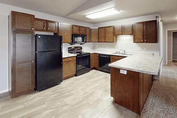 A kitchen with black appliances and wooden cabinets.