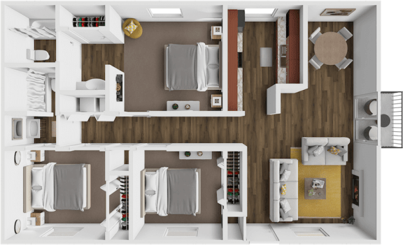 a 3d rendering of a floor plan with a bedroom and a living room