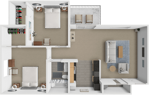 A 3D rendered image of a modern apartment layout.