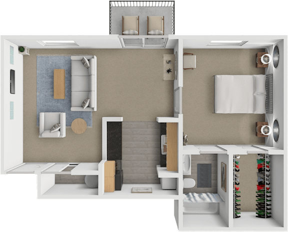 A 3D floor plan of a small apartment with a kitchen, living room, and bathroom.