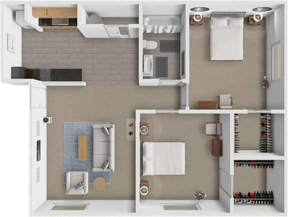 A top-down view of a small apartment with a kitchen, living room, and bathroom.