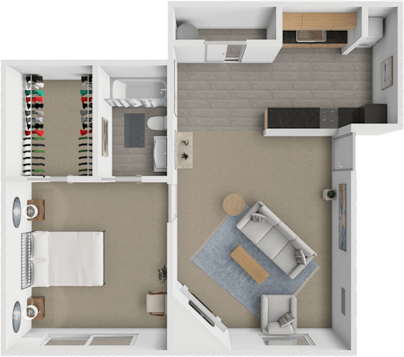 A top-down view of a modern apartment layout with a kitchen, living room, and bathroom.