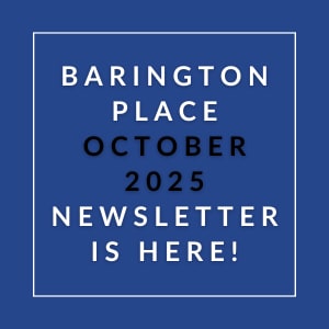 A blue square with white text announcing the Barington Place October 2025 newsletter.