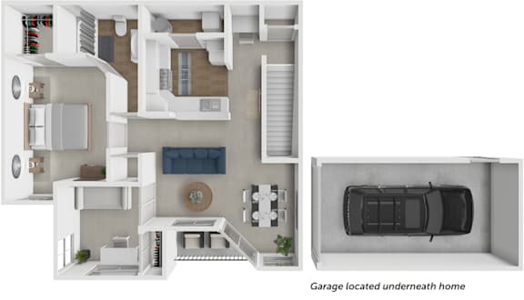 A diagram of a house with a garage underneath it.