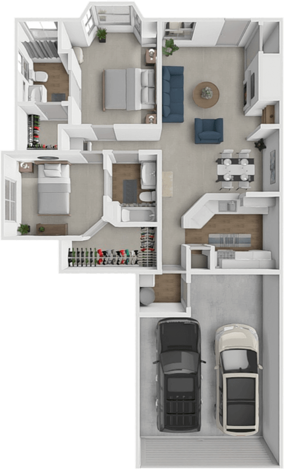 A top-down view of a house with two cars parked in the driveway.