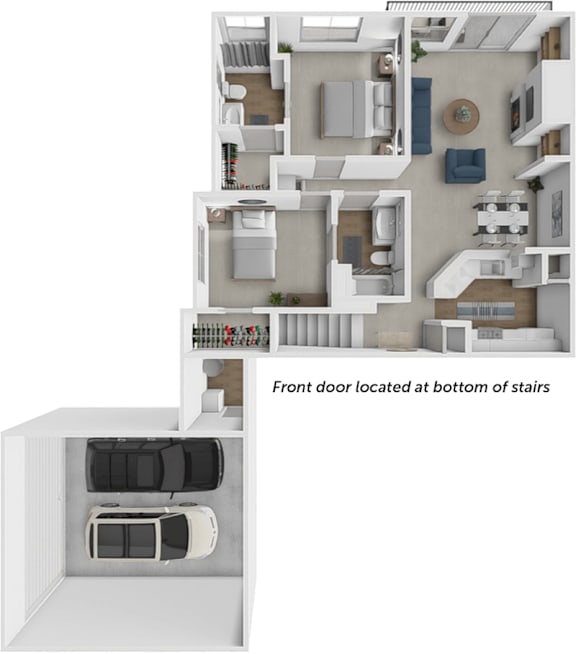 Floor Plan  A diagram shows a floor plan of a house with a front door located at the bottom of the stairs.