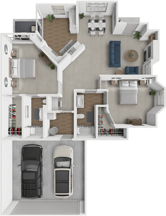 A 3D floor plan of a house with two bedrooms, a living room, a kitchen, and a garage.