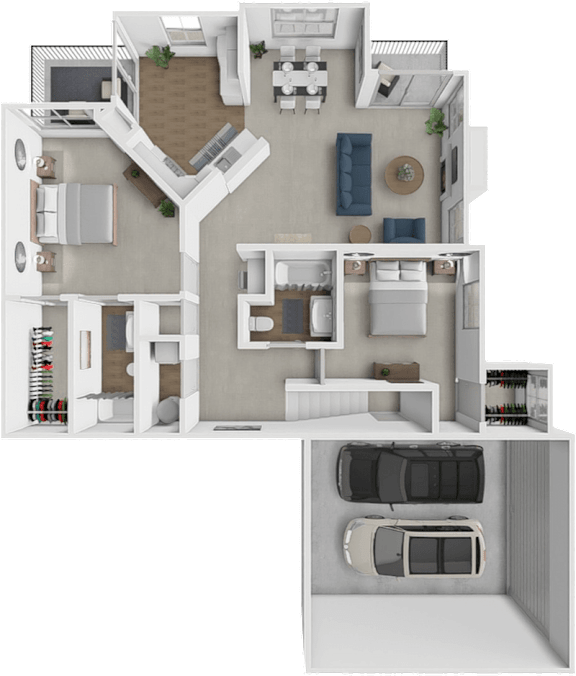 A 3D floor plan of a house with multiple rooms and a garage.