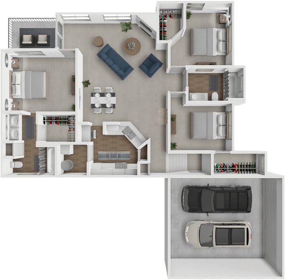 A 3D floor plan of a house with multiple rooms and a garage.