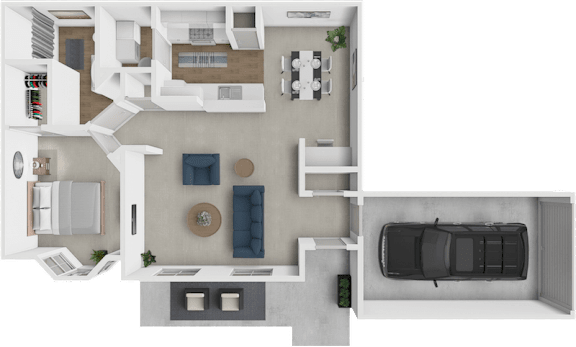 A top-down view of a modern apartment with a kitchen, living room, and bedroom.