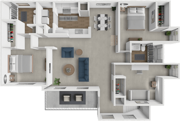 A 3D floor plan of a house with various rooms and furniture.