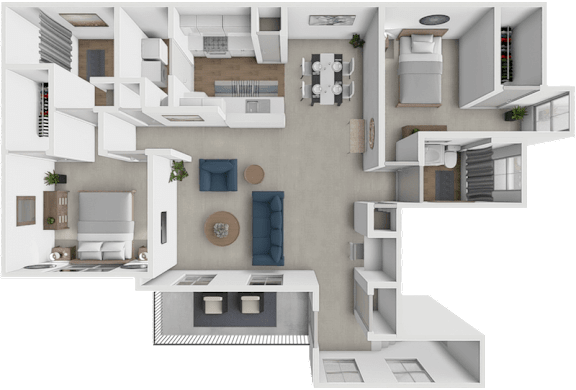 A 3D rendered image of a modern apartment layout.