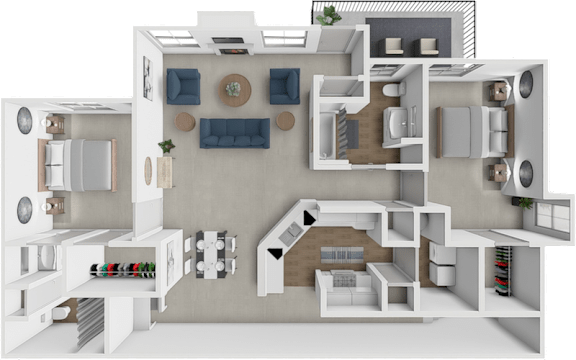A 3D floor plan of a house with multiple rooms and furniture.