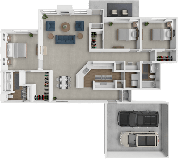 Floor Plan  A top-down view of a house layout with a garage and multiple rooms.
