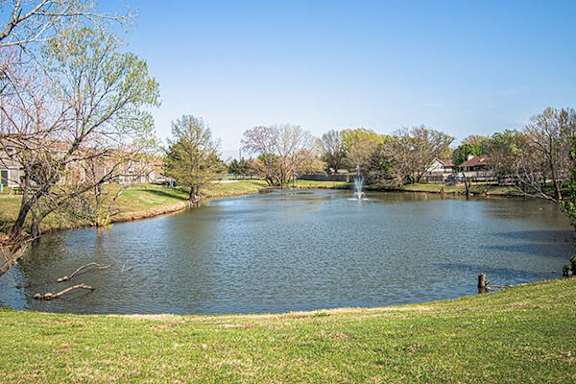 A pond in a park with trees around it.