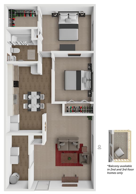 Breckenridge Apartments 3D floor plan of 2 bedroom 1 bath apartment