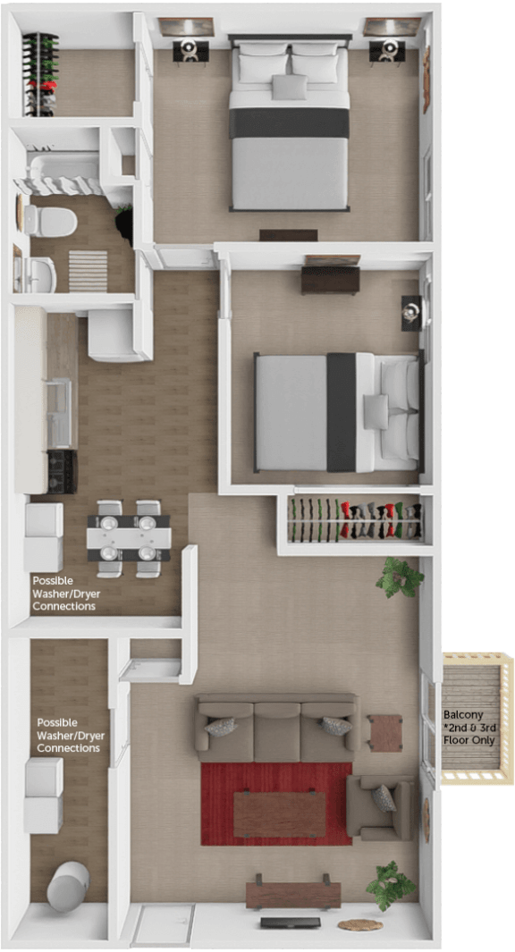 2 bed 1 bath floor plan at Breckenridge Apartments