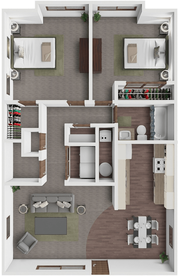 A top-down view of a house layout with a living room, dining room, kitchen, and two bedrooms.