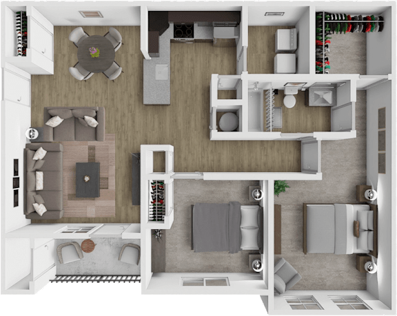 A 3D floor plan of a house showing a living room, kitchen, and bathroom.