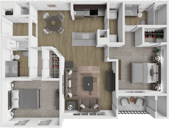 A 3D floor plan of a house with a kitchen, living room, and bathroom.