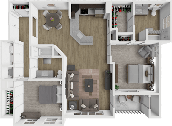A 3D floor plan of a house showing a kitchen, living room, and two bedrooms.