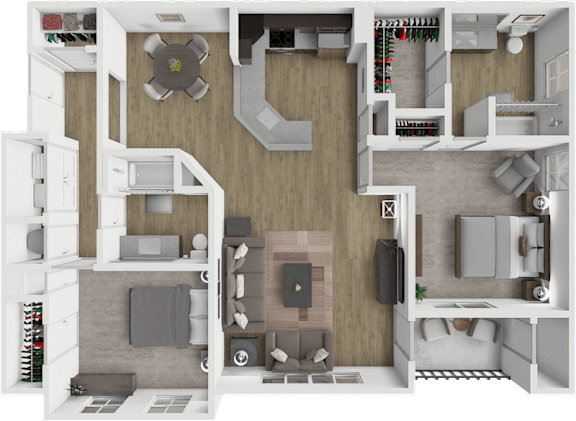 A 3D floor plan of a house showing a kitchen, living room, and bathroom.