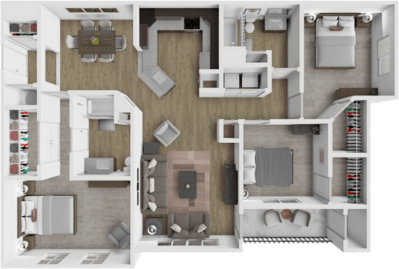 A 3D rendered image of a house layout.