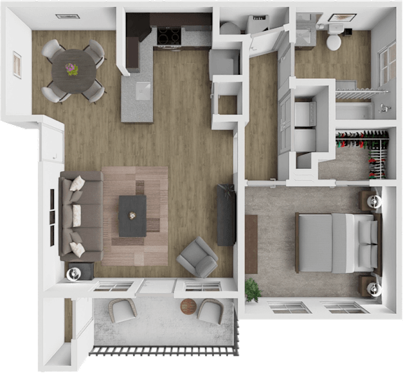 A 3D floor plan of a house with a living room, kitchen, and dining area.