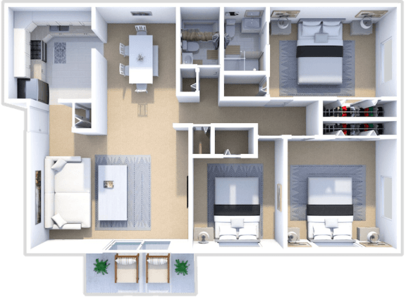 three bed two bath floor plan at castle pointe