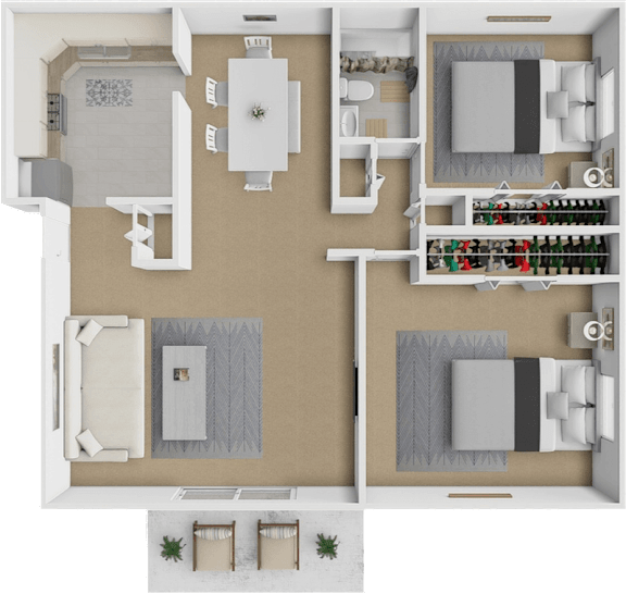 2 bed 1 bath floor plan at Castle Pointe Apartments