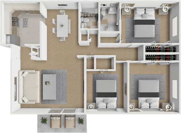 3 bed 2 bath floor plan at Castle Pointe Apartments
