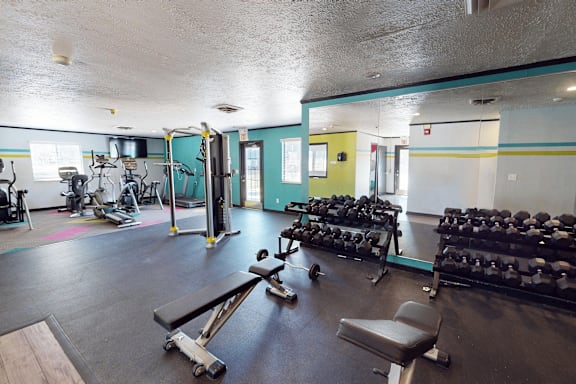 A gym with a variety of equipment including weights and a bench.