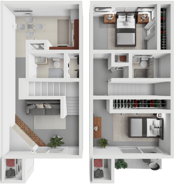 a 3d rendering of a 1 bedroom apartment with a balcony and a living room