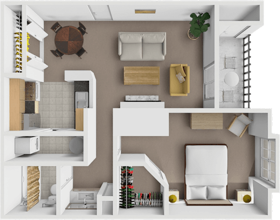 A 3D rendered image of a modern apartment layout.