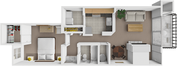 A 3D rendered image of a modern apartment layout.