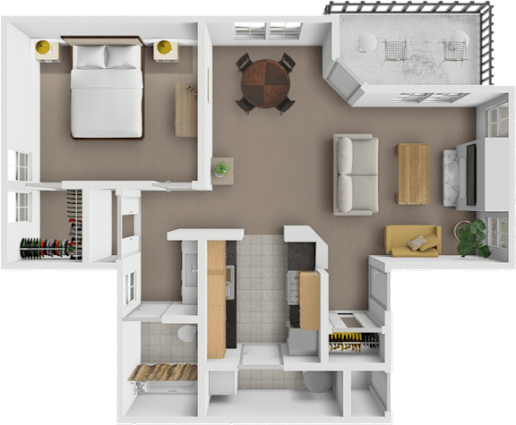 A 3D floor plan of a small apartment with a bedroom, living room, and kitchen.