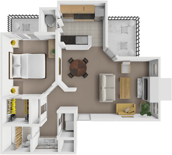 A top-down view of a modern apartment layout with a kitchen, living room, and dining area.