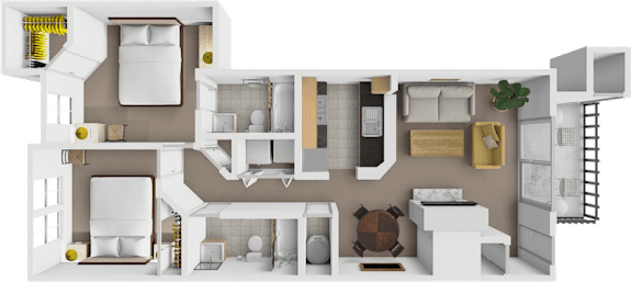 A 3D floor plan of a house showing a kitchen, living room, and two bedrooms.