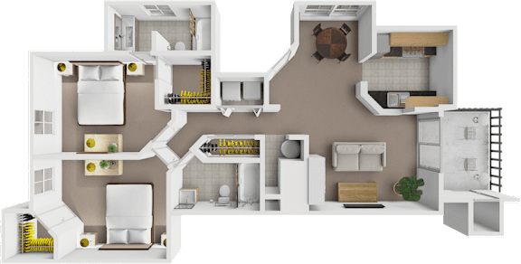 A 3D rendered image of a house layout with various rooms and furniture.
