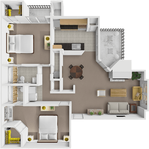 A 3D floor plan of a house with a kitchen, living room, and bathroom.
