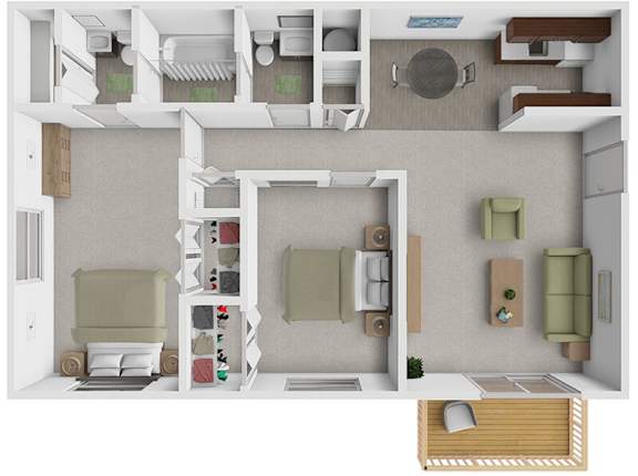 A 3D floor plan of a small apartment with a kitchen, living room, and bathroom.