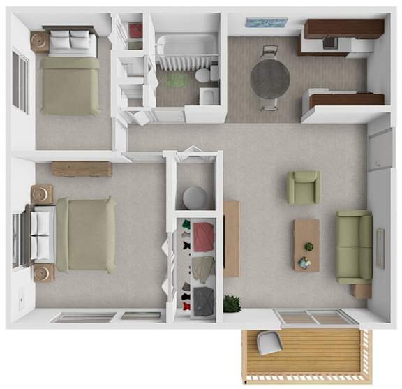 A top-down view of a small apartment with a kitchen, living room, and bedroom.